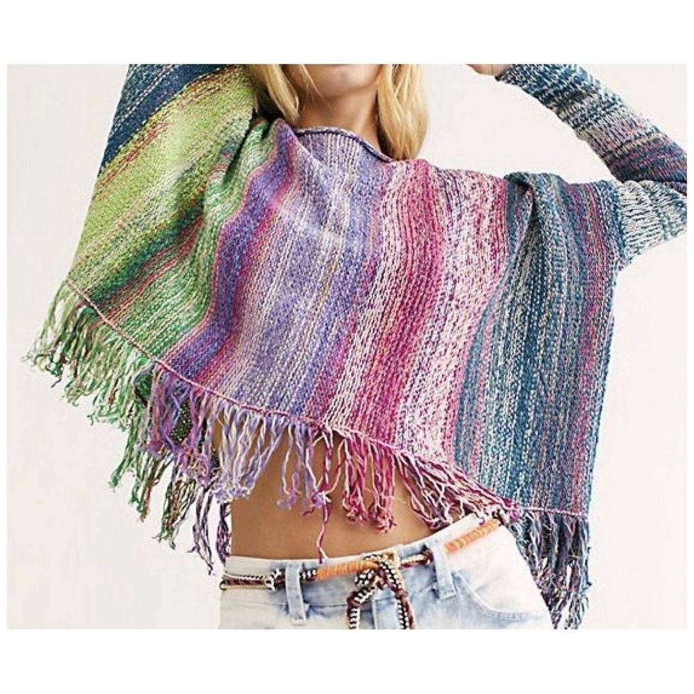 Free People Radiate Pullover Fringe Sweater Women's M Oversized Boho Rainbow